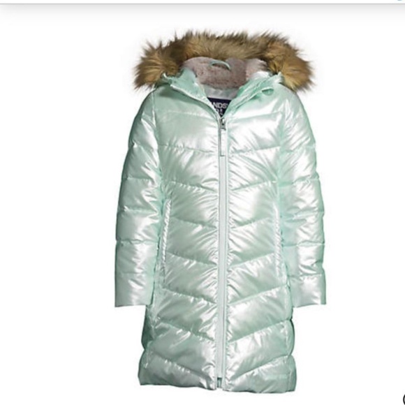 Land's End Girls Winter Fleece Lined Down Alternative ThermoPlume Coat, Mint - Picture 1 of 7